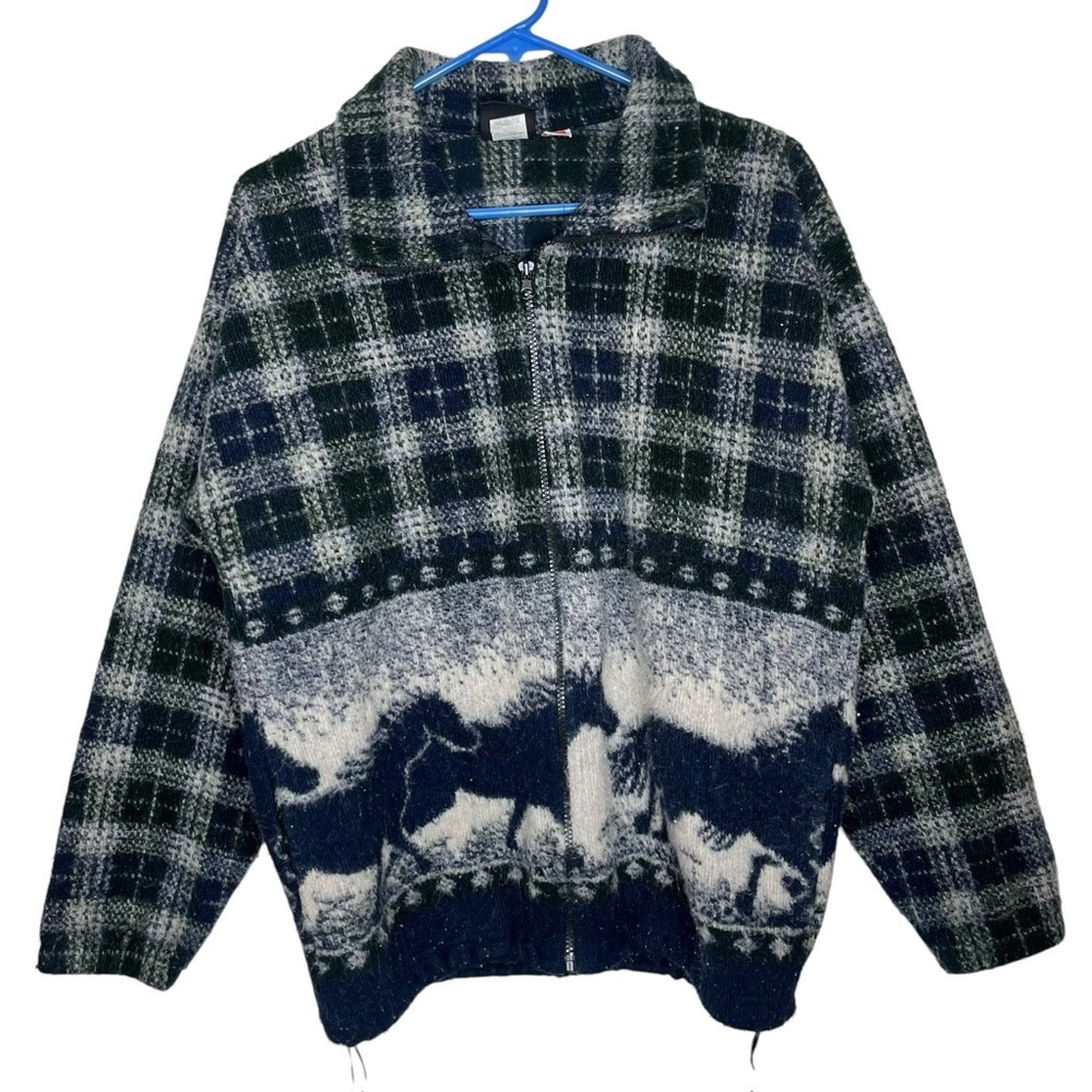 Plaid Zip-Up Jacket with Horse Design by Mazmania